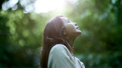 Frau guckt seitlich vor Bäumen in den Himmel - Foto: canva