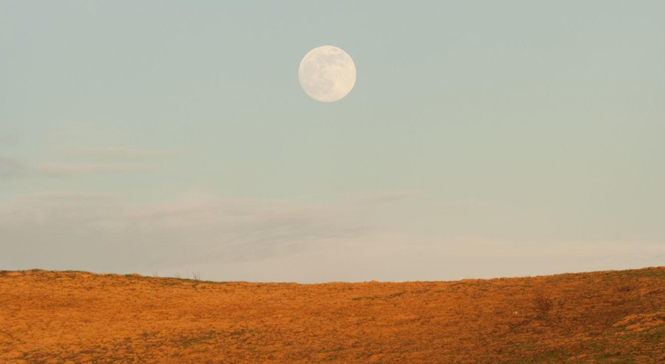 Vollmond am Himmel über einem rötlichen Feld